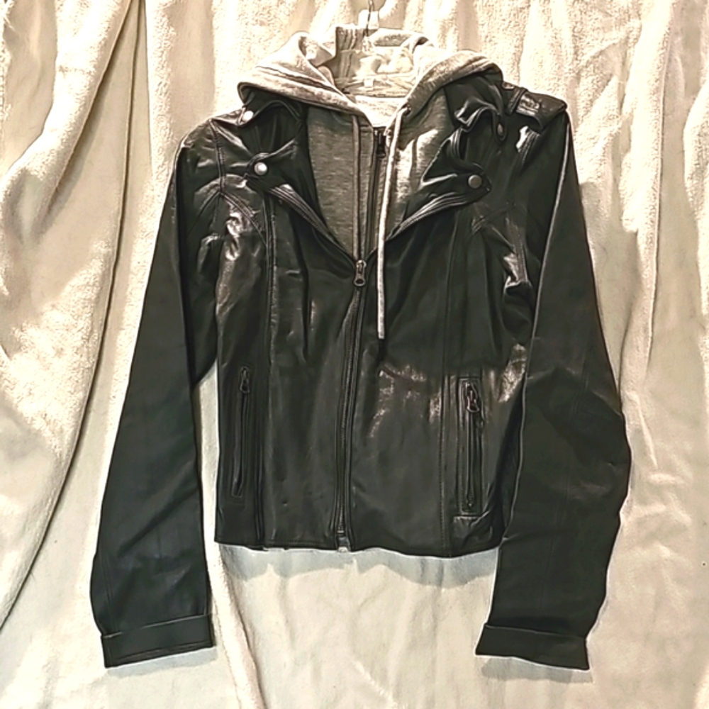 Women's S Leather JKT NYC Gray Jacket two in one with hoodie illusion Jakket